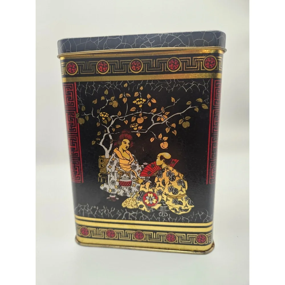 Vintage 1970s Chinoiserie Japanese Style Tea Tin, Made in England